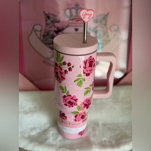 Juicy Couture Pink Leopard Rose 40oz Tumbler Cup Heart Topper Stainless Steel